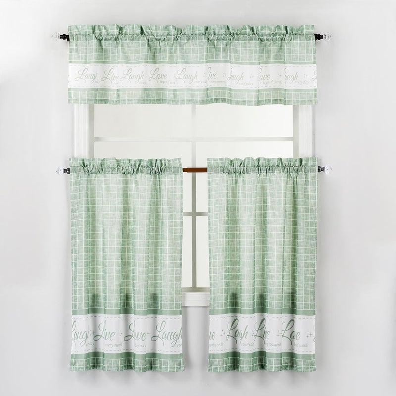 Decotex 3 Piece Live Love Laugh Gingham Check Plaid Kitchen Window Curtain Tiers and Valance Set (Sage, 36" Tiers with 14" Valance) - Image 1